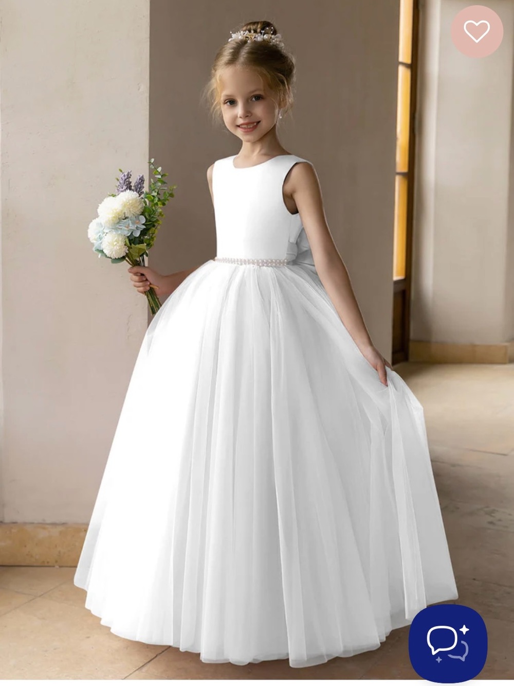 White Tulle Flower Girl/Communion Dress with Pearl Waist + Veil & Jewel Headband